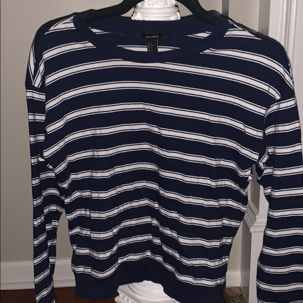 blue and white striped long-sleeved top